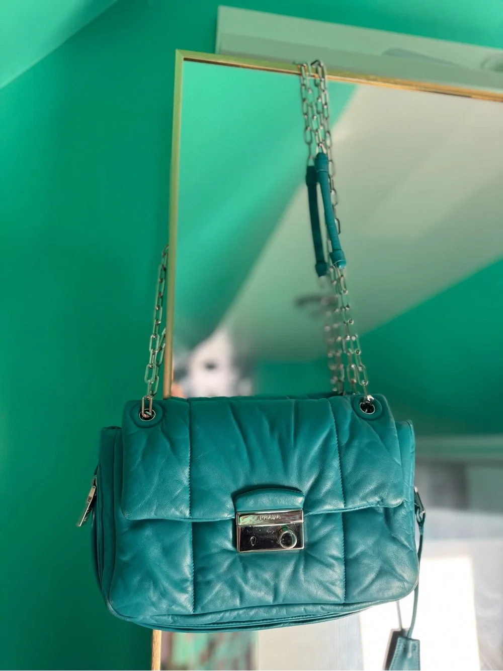Turquoise Chain-Handle Quilted Shoulder Bag